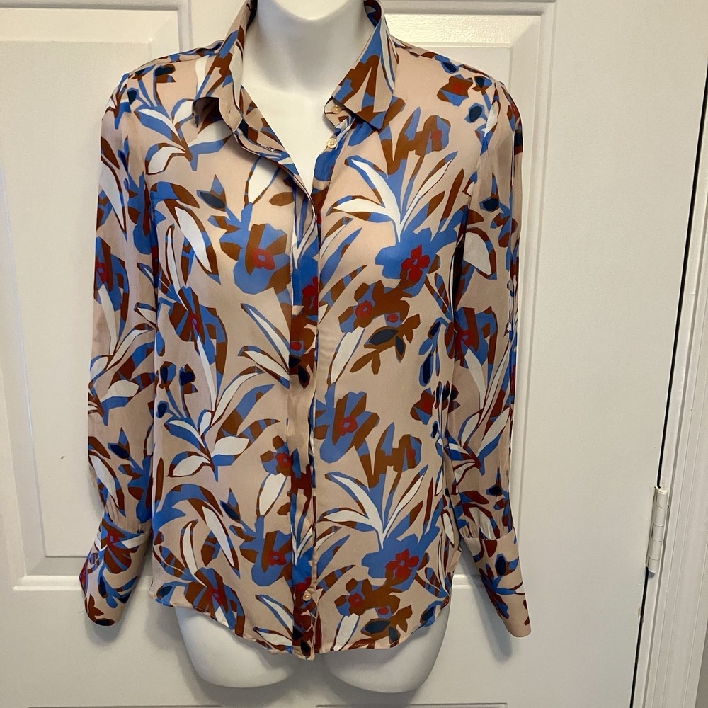 Massimo Dutti Floral Blouse Shirt US 2 XS EUR 34 Blue Tan Red Women's